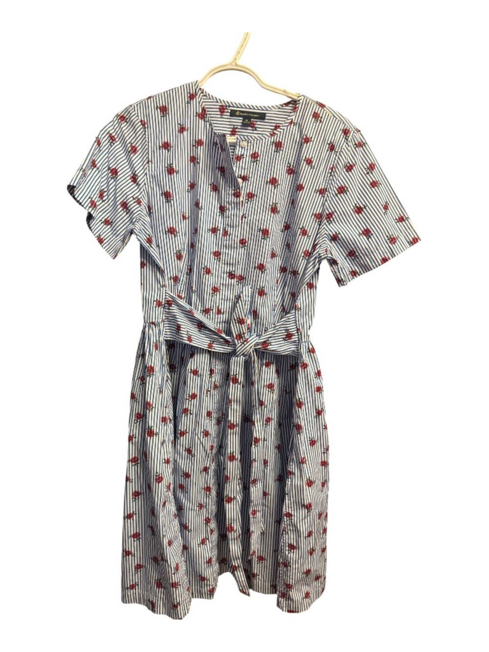Brooks Brothers Navy-and-White Striped Midi Dress with Red Floral Print
